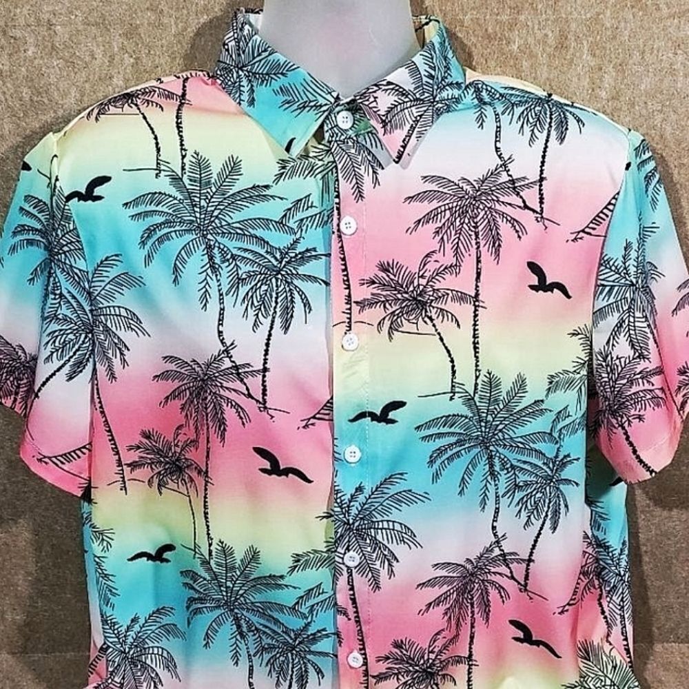 Tropical Palm Vacation Print Men's Short Sleeve Button Down Shirt #4